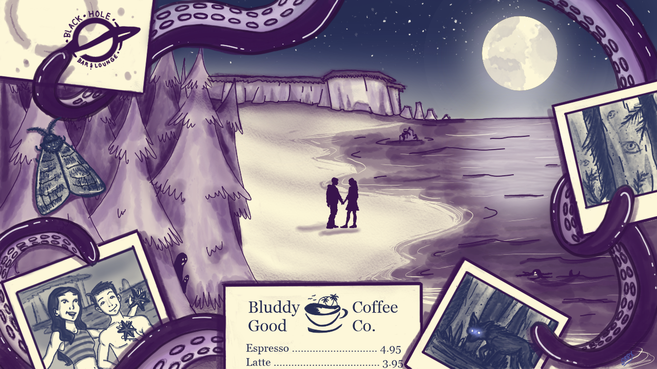 A beachside scene with photographs of various people and creepy images, centering on two people standing romantically close on the beach.