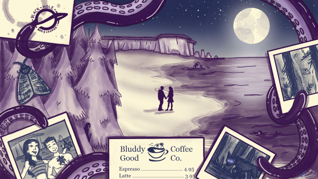 A beachside scene with photographs of various people and creepy images, centering on two people standing romantically close on the beach.