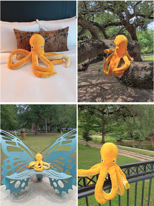 Four images. From top left to bottom right: A stuffed octopus lying on a hotel bed. A stuffed octopus resting on a thick tree branch. A stuffed octopus sitting on a metal bench designed like a butterfly. A stuffed octopus sitting on a fence railing.