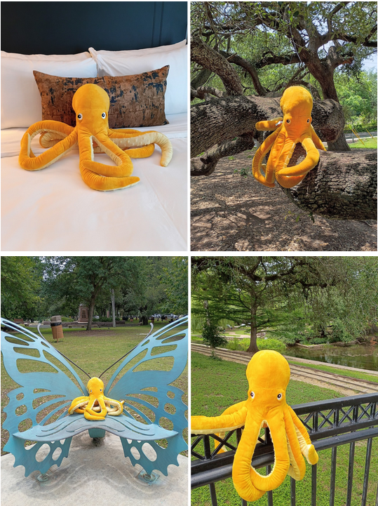 Four images. From top left to bottom right: A stuffed octopus lying on a hotel bed. A stuffed octopus resting on a thick tree branch. A stuffed octopus sitting on a metal bench designed like a butterfly. A stuffed octopus sitting on a fence railing.