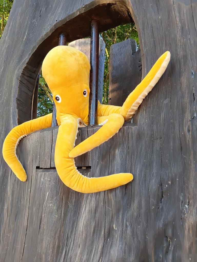 A plush octopus behind bars in a tree window